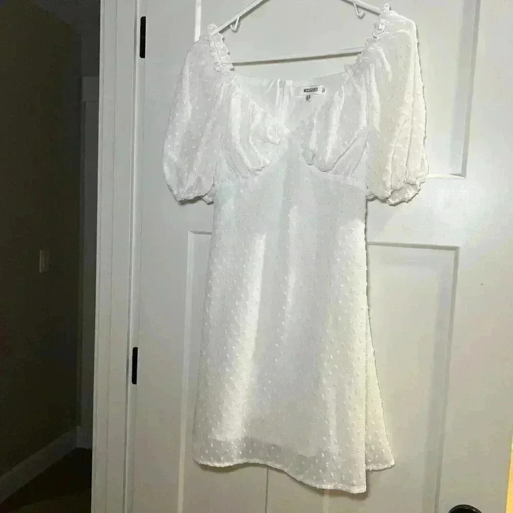 Missguided Womens White Size 6 Puffed Sleeve Zip Milkmaid Skater Dress Dobby
